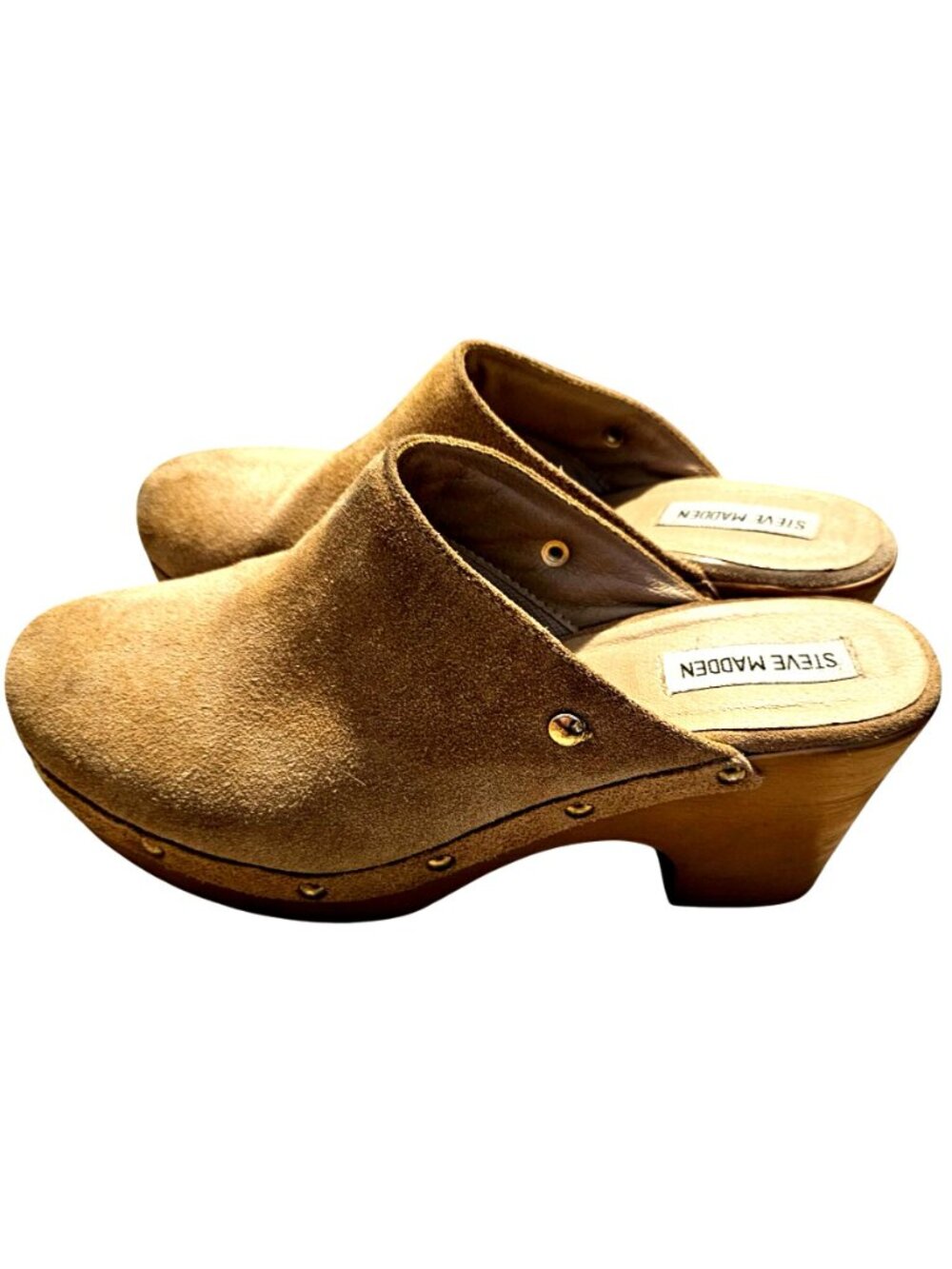 Steve Madden Tan Suede Clogs With Wooden Platform & Brass Studs - Picture 3 of 11